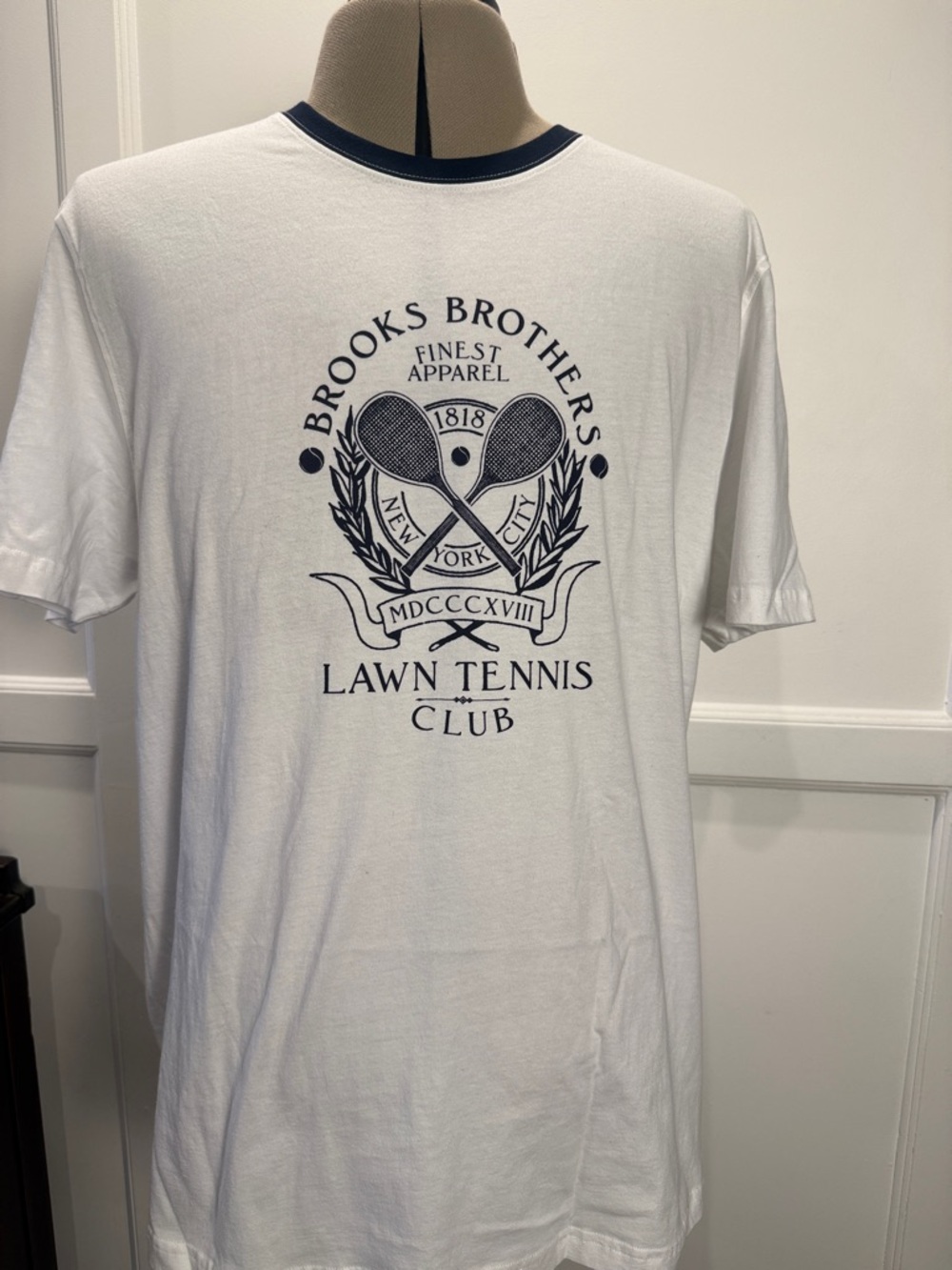 Brooks Brothers White Tee with Navy Lawn Tennis Crest